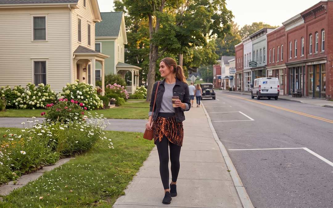 Woman walking on a sidewalk with coffee in hand, she is wearing black leggings, jean jacket, grey t-shirt & SHU-SHI tie dye short sarong in brown