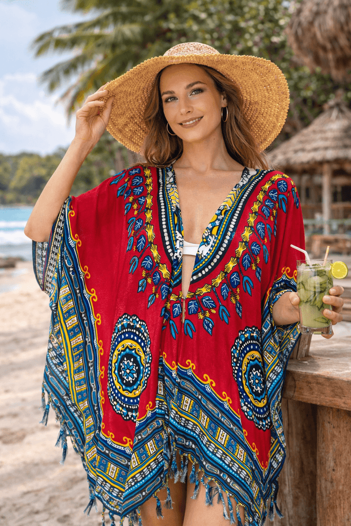 Dashiki Print Sequined Beach Cover-Up with Fringes - Love ShuShi