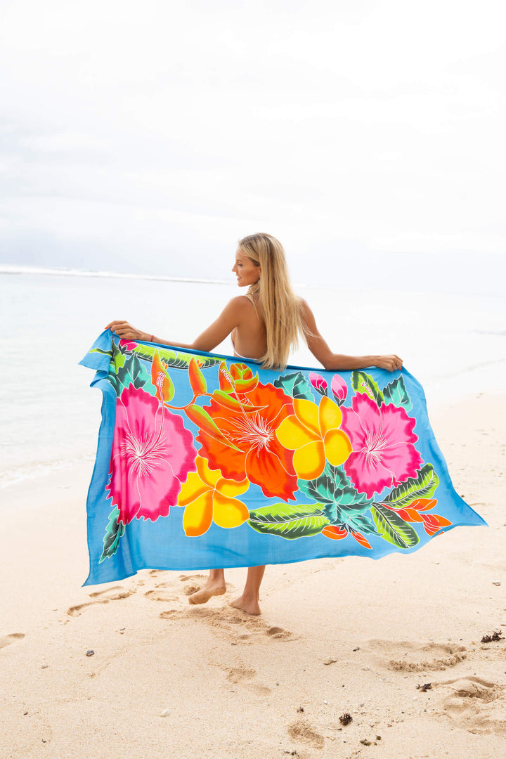 Hand-Painted Floral Sarong Wrap - Beach Cover-Up by SHU-SHI on the beach