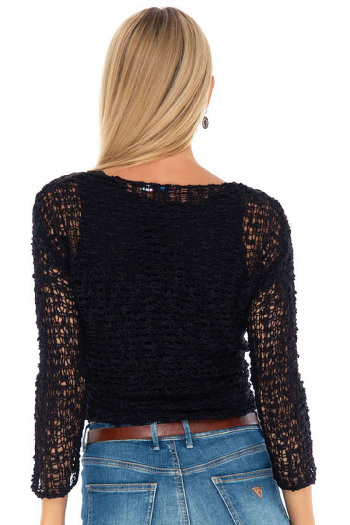 SHU-SHI Black tie Front Knitted Shrug with Open Weave modeled over black tank &amp; jeans - back view