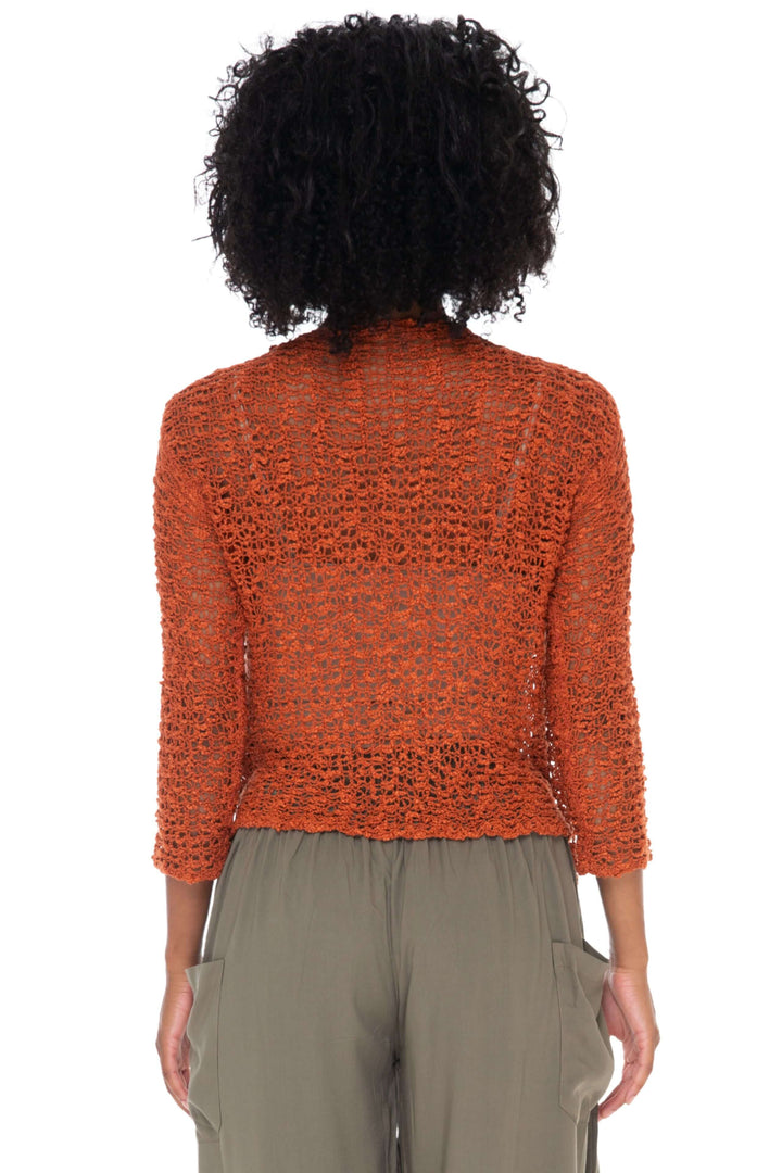 SHU-SHI Burnt Orange tie Front Knitted Shrug with Open Weave modeled over black tank &amp; jeans - back view