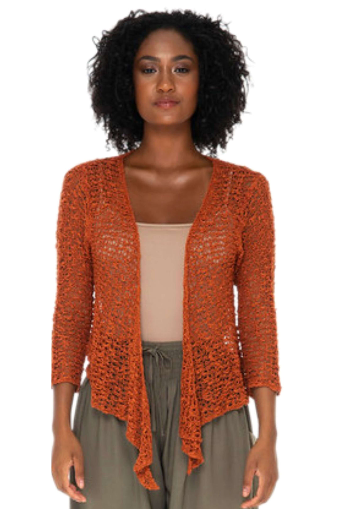 SHU-SHI Burnt Orange tie Front Knitted Shrug with Open Weave modeled over black tank &amp; jeans
