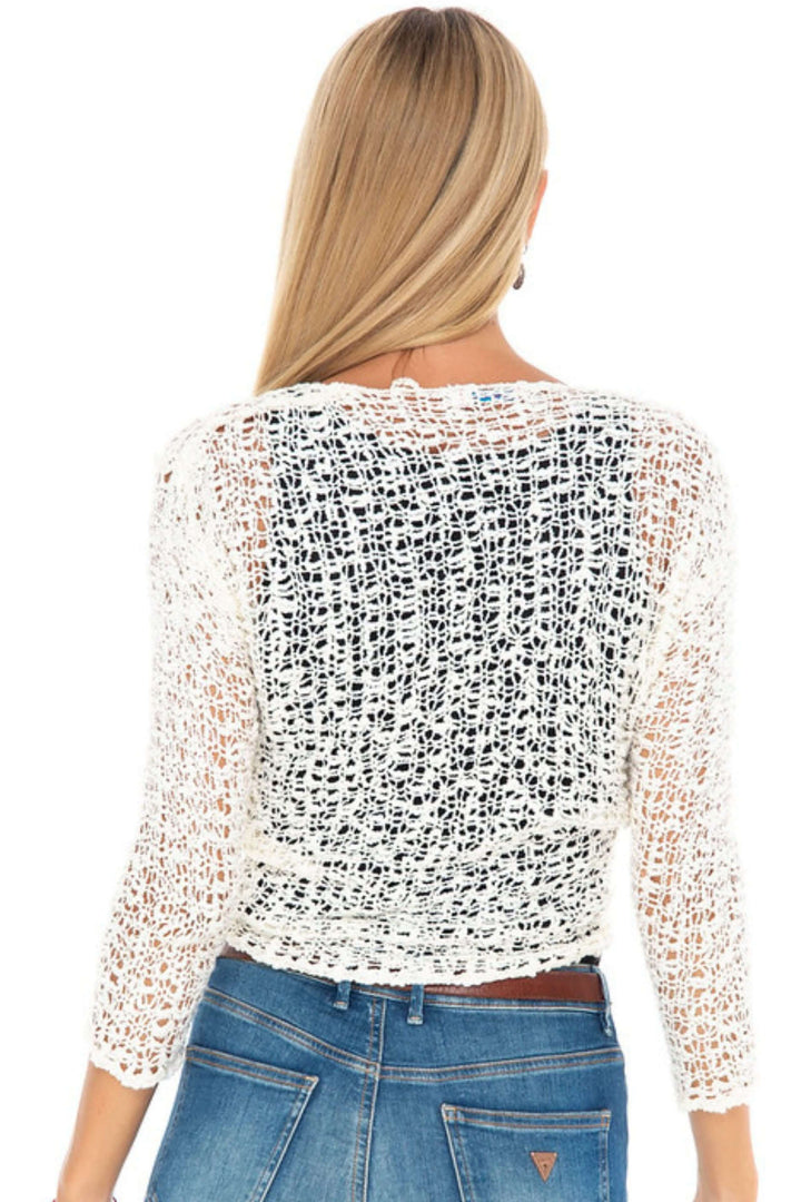 SHU-SHI Off-White tie Front Knitted Shrug with Open Weave modeled over black tank &amp; jeans - back view