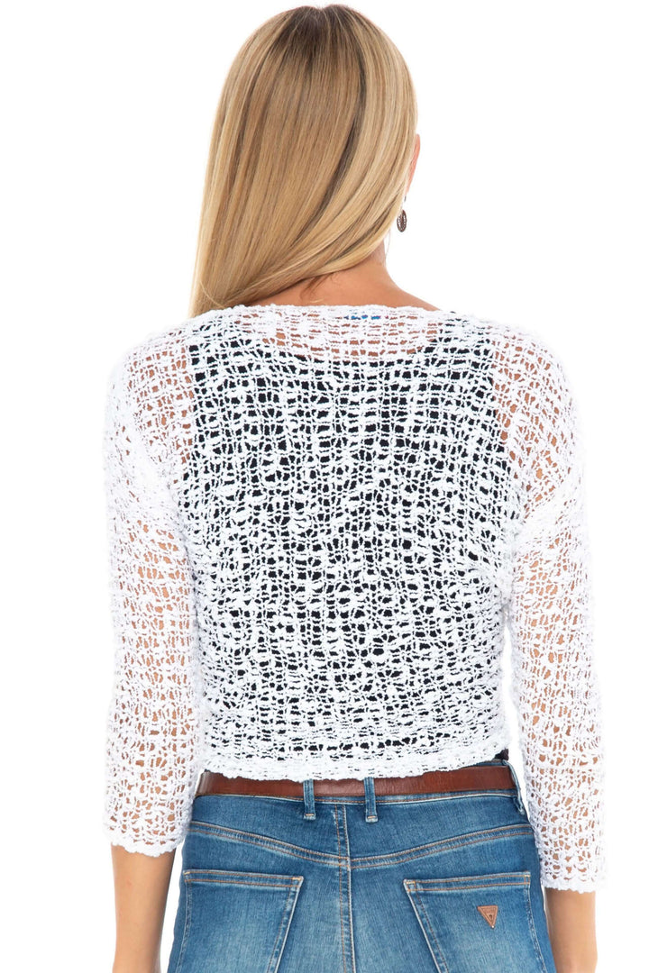 SHU-SHI White tie Front Knitted Shrug with Open Weave modeled over black tank &amp; jeans - back view