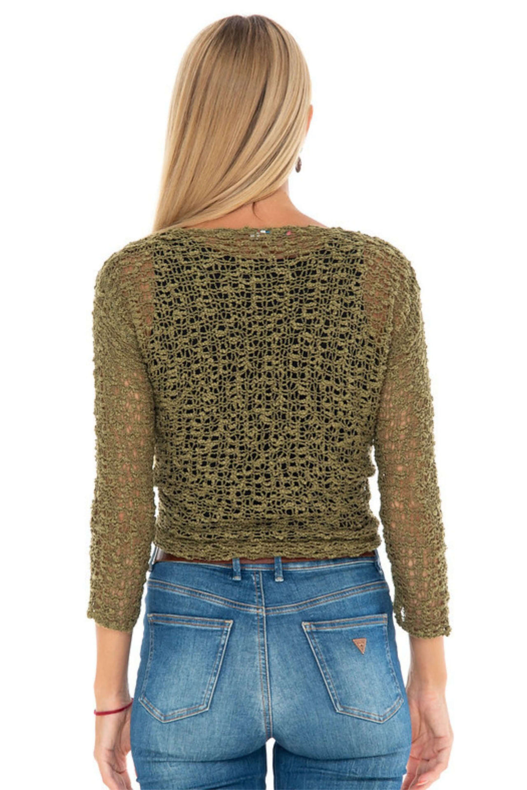 SHU-SHI Khaki green tie Front Knit Shrug with Open Weave modeled over black tank &amp; jeans - back view