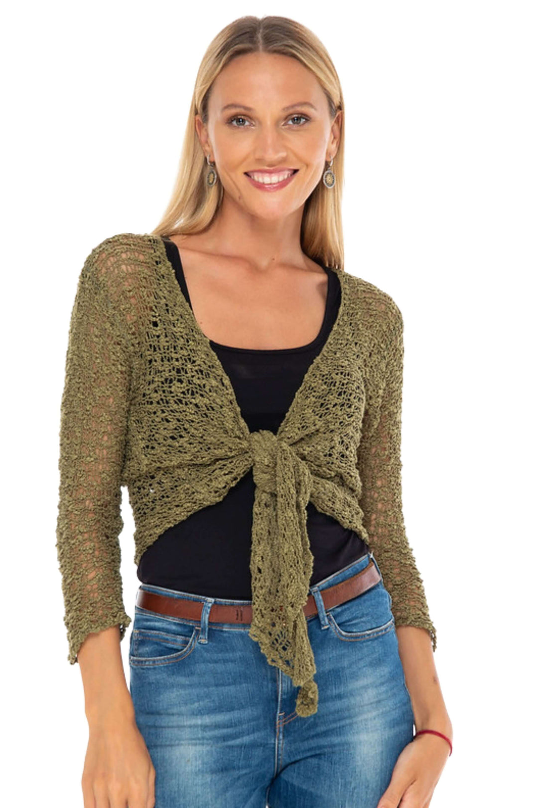 SHU-SHI Khaki green tie Front Knit Shrug with Open Weave modeled over black tank &amp; jeans