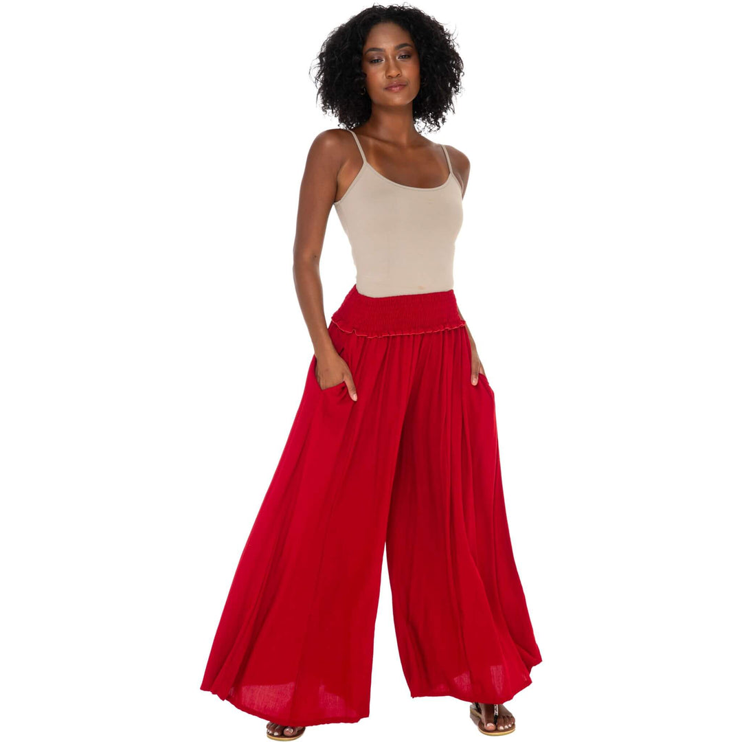 SHU-SHI Flowy Palazzo Pants for Women - Wide Leg, Elastic Waistband, Layered Style, Side Pockets - Love ShuShi