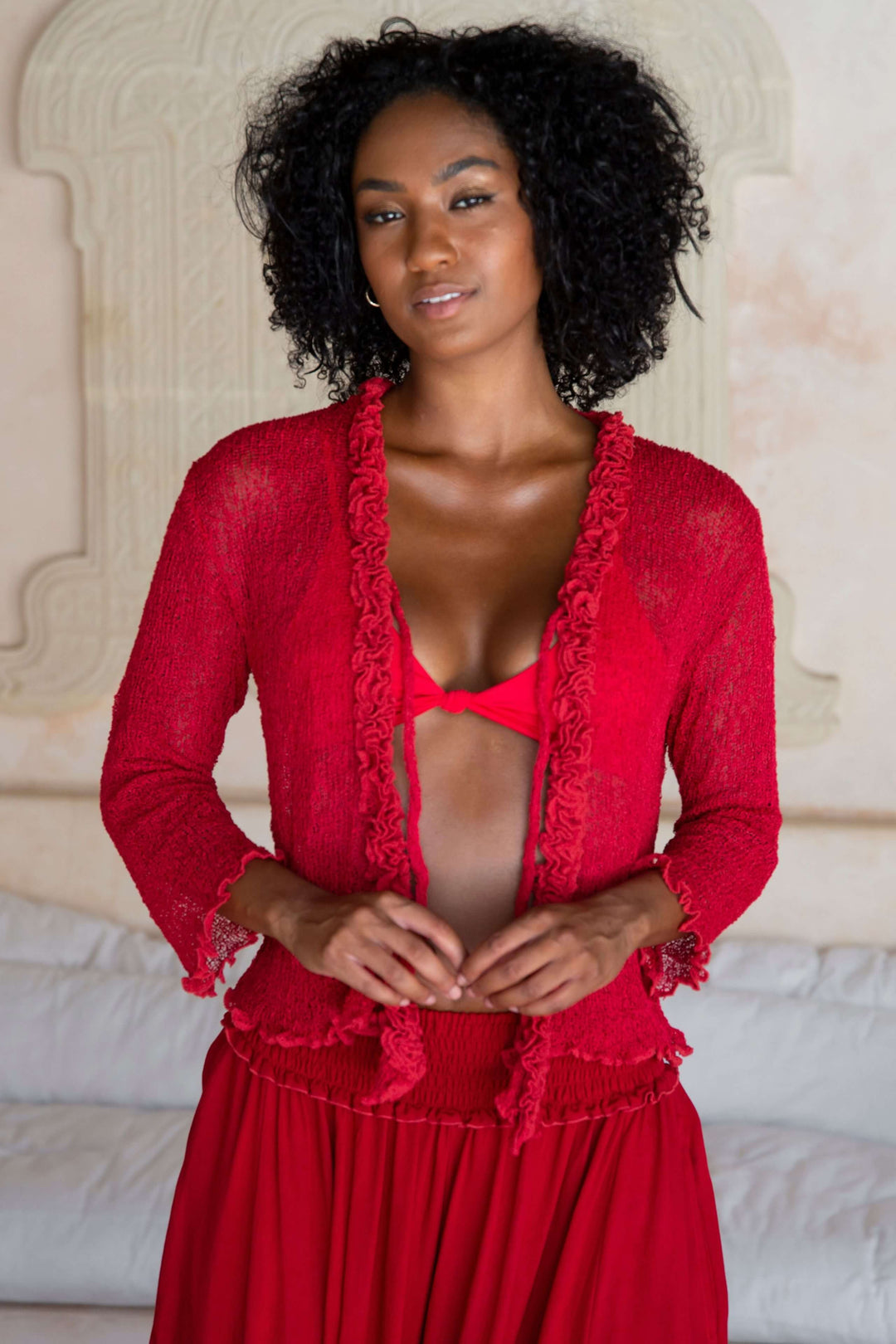 Ruffled Sheer Shrug Cardigan - Lightweight Knit by SHU-SHI - Love ShuShi