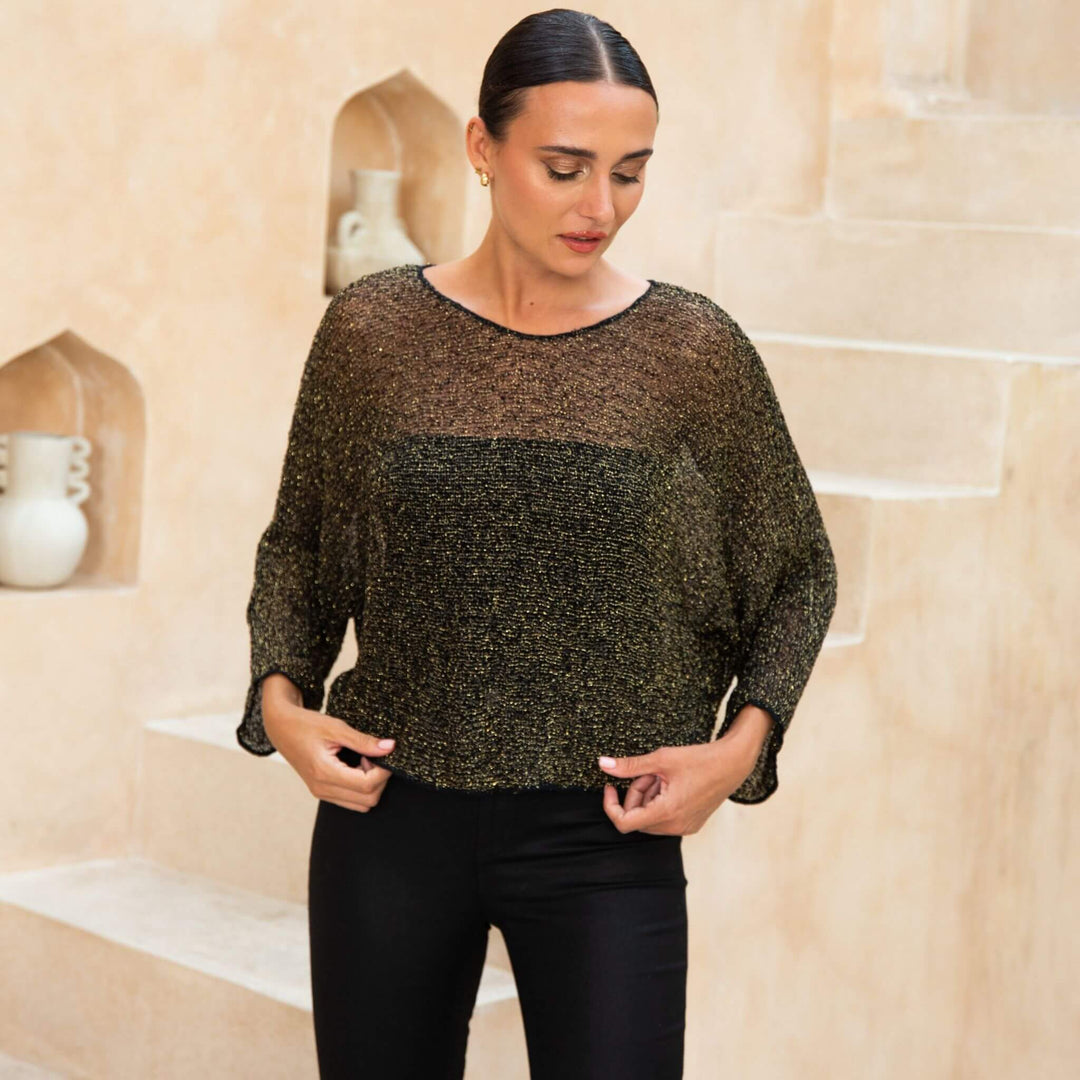 Women’s Sheer Poncho Shrug Lightweight Knit Blouse Metallic Top - by SHU-SHI - Love ShuShi