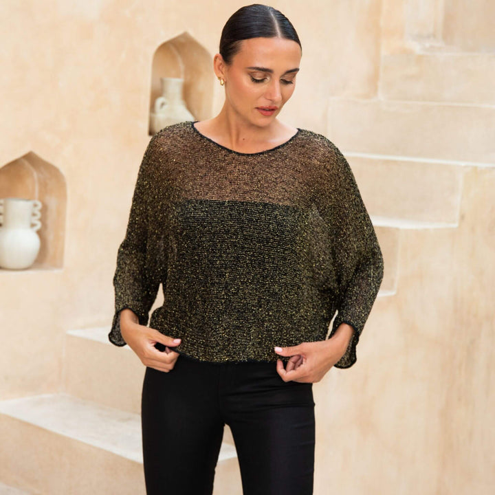 Women’s Sheer Poncho Shrug Lightweight Knit Blouse Metallic Top - by SHU-SHI - Love ShuShi