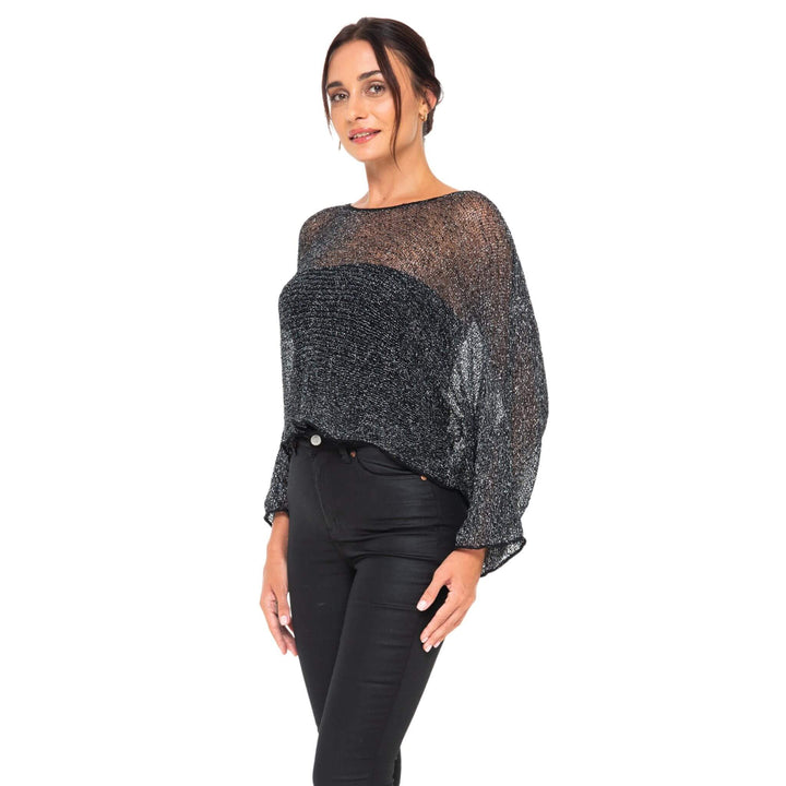 Women’s Sheer Poncho Shrug Lightweight Knit Blouse Metallic Top - by SHU-SHI - Love ShuShi