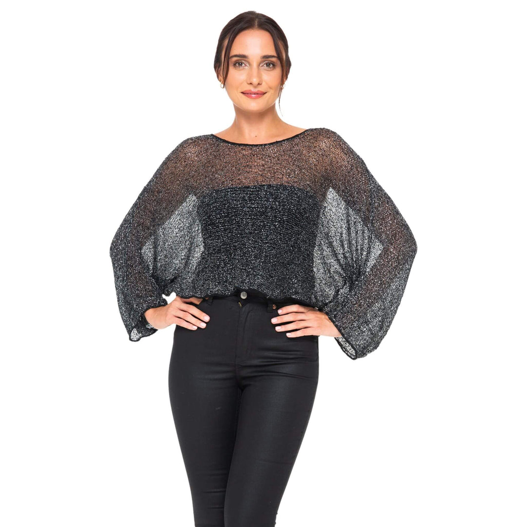 Women’s Sheer Poncho Shrug Lightweight Knit Blouse Metallic Top - by SHU-SHI - Love ShuShi