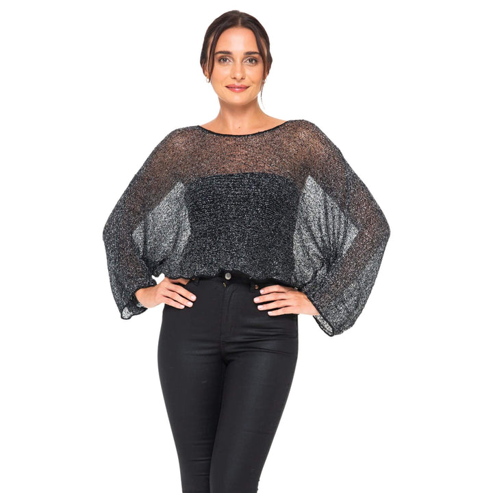 Women’s Sheer Poncho Shrug Lightweight Knit Blouse Metallic Top - by SHU-SHI - Love ShuShi