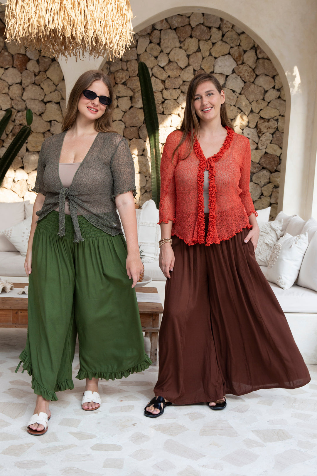 SHU-SHI Flowy Palazzo Pants for Women - Wide Leg, Elastic Waistband, Layered Style, Side Pockets - Love ShuShi