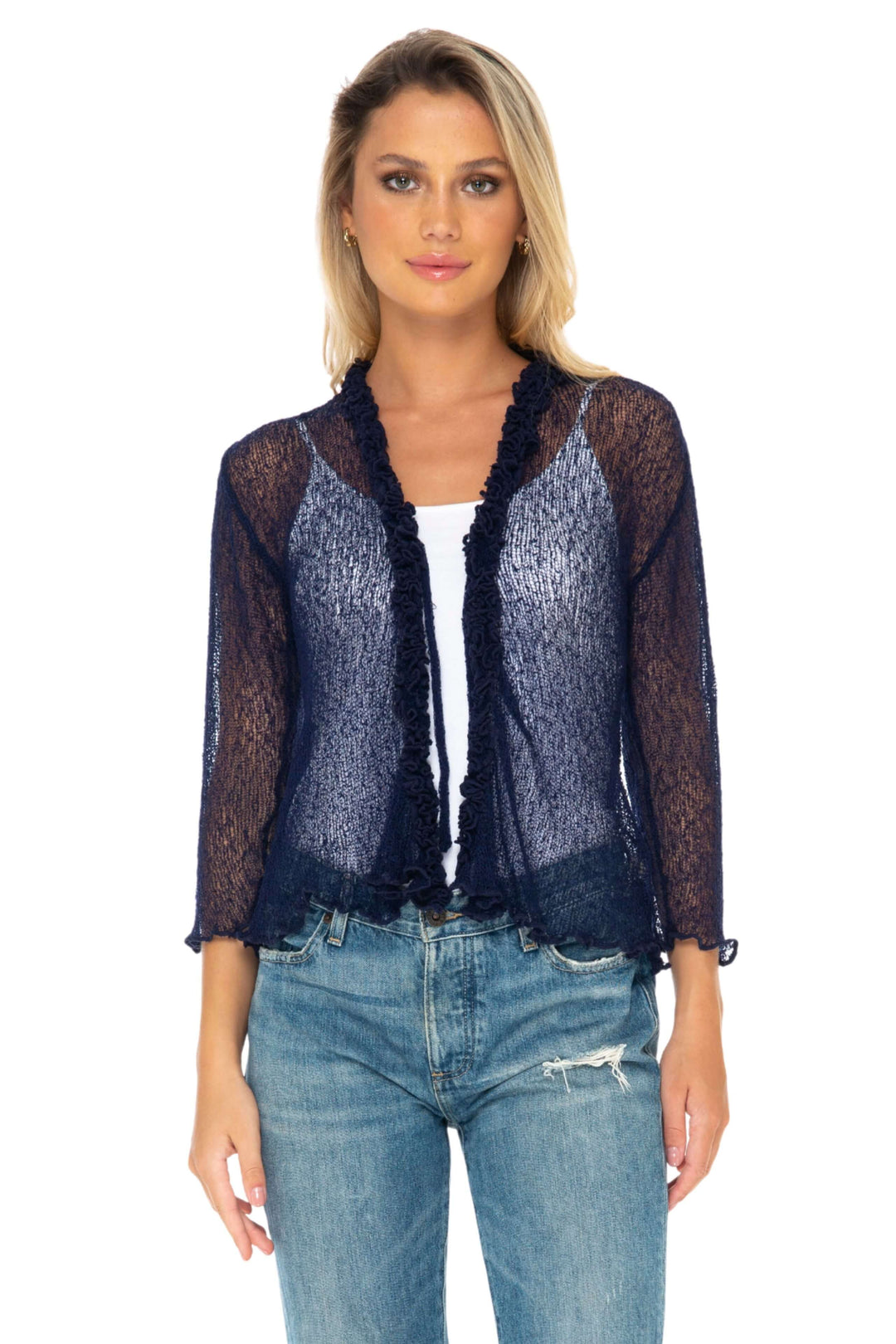 Ruffled Sheer Shrug Cardigan - Lightweight Knit by SHU-SHI - Love ShuShi