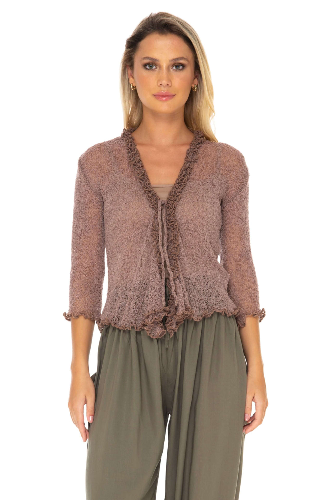 Ruffled Sheer Shrug Cardigan - Lightweight Knit by SHU-SHI - Love ShuShi