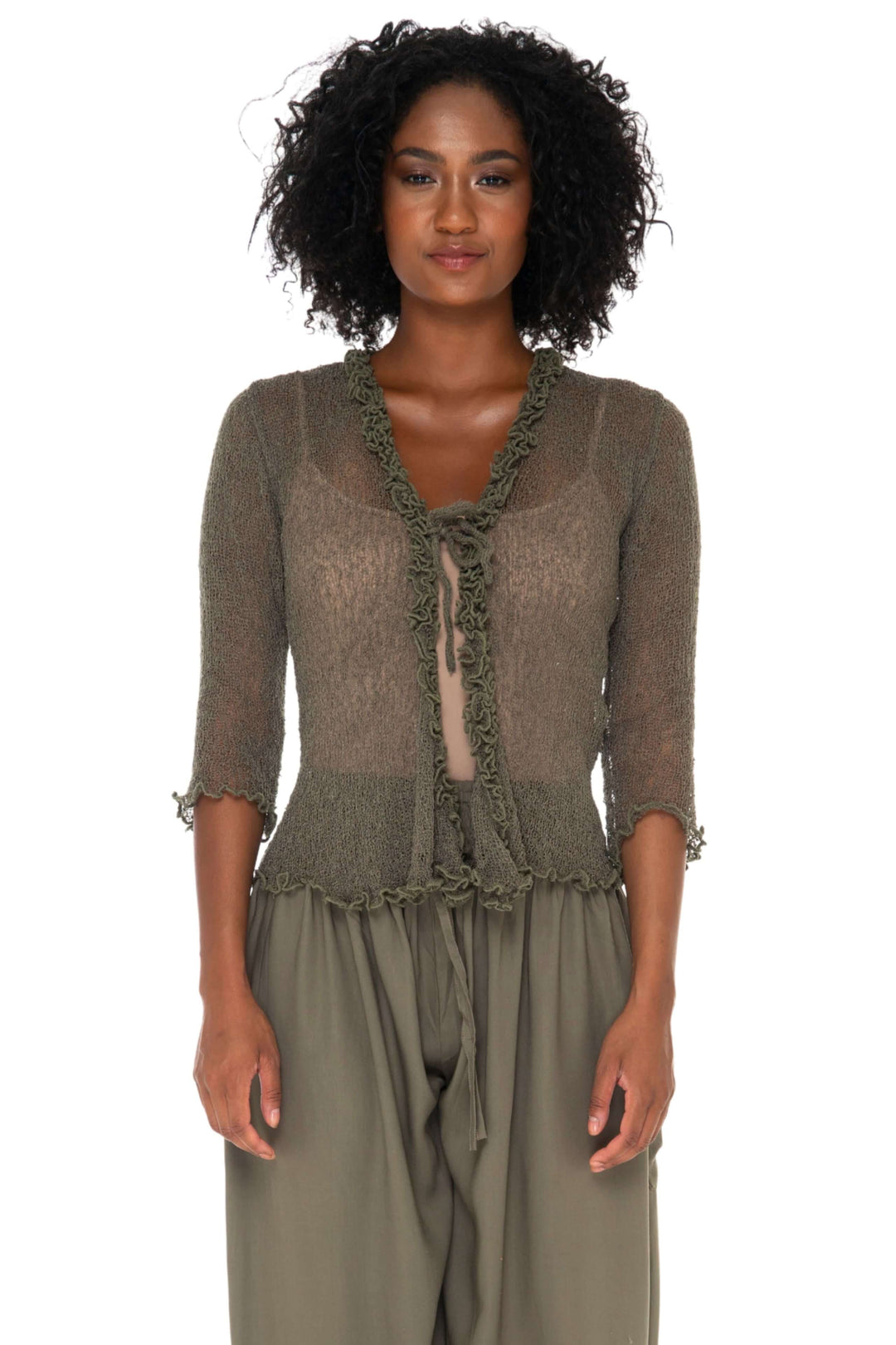 Ruffled Sheer Shrug Cardigan - Lightweight Knit by SHU-SHI - Love ShuShi