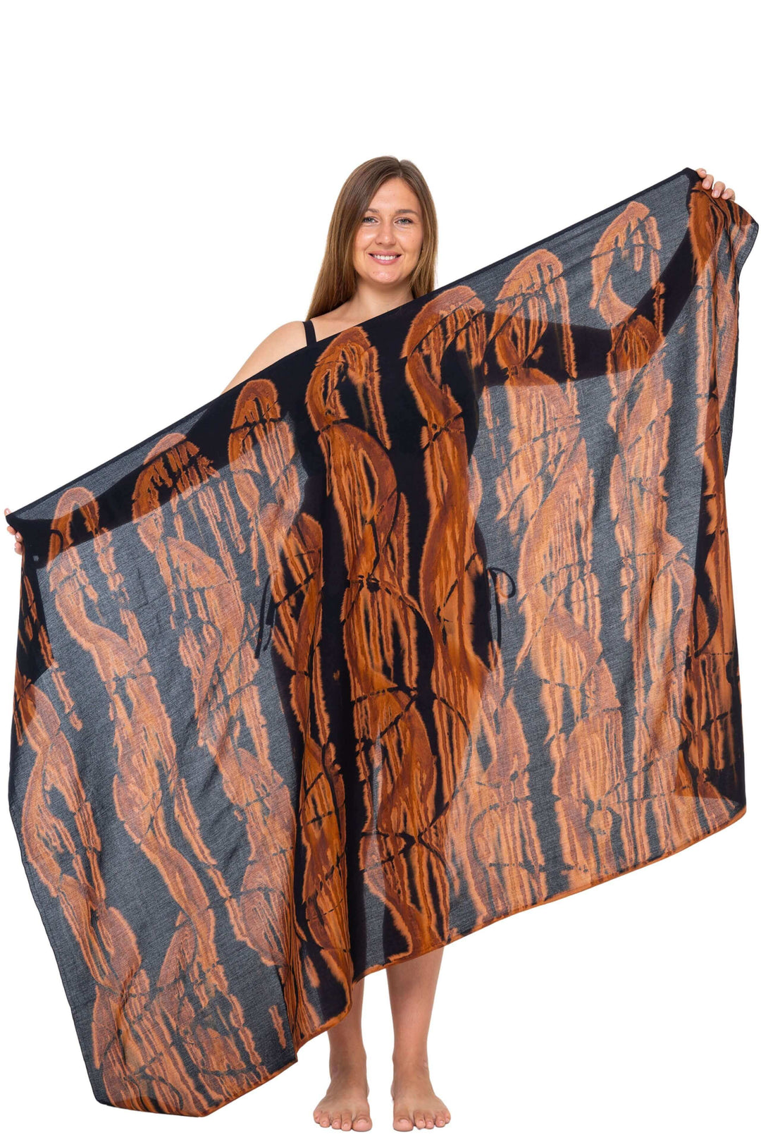 Woman wearing a black bikini and a brown Tie-Dye Sarong Wrap Cover-Up for Women by SHU-SHI, styled as a long wrap skirt. Lightweight rayon beach cover-up, perfect for vacations, poolside lounging, tropical beach getaways, cruises, and resort wear.