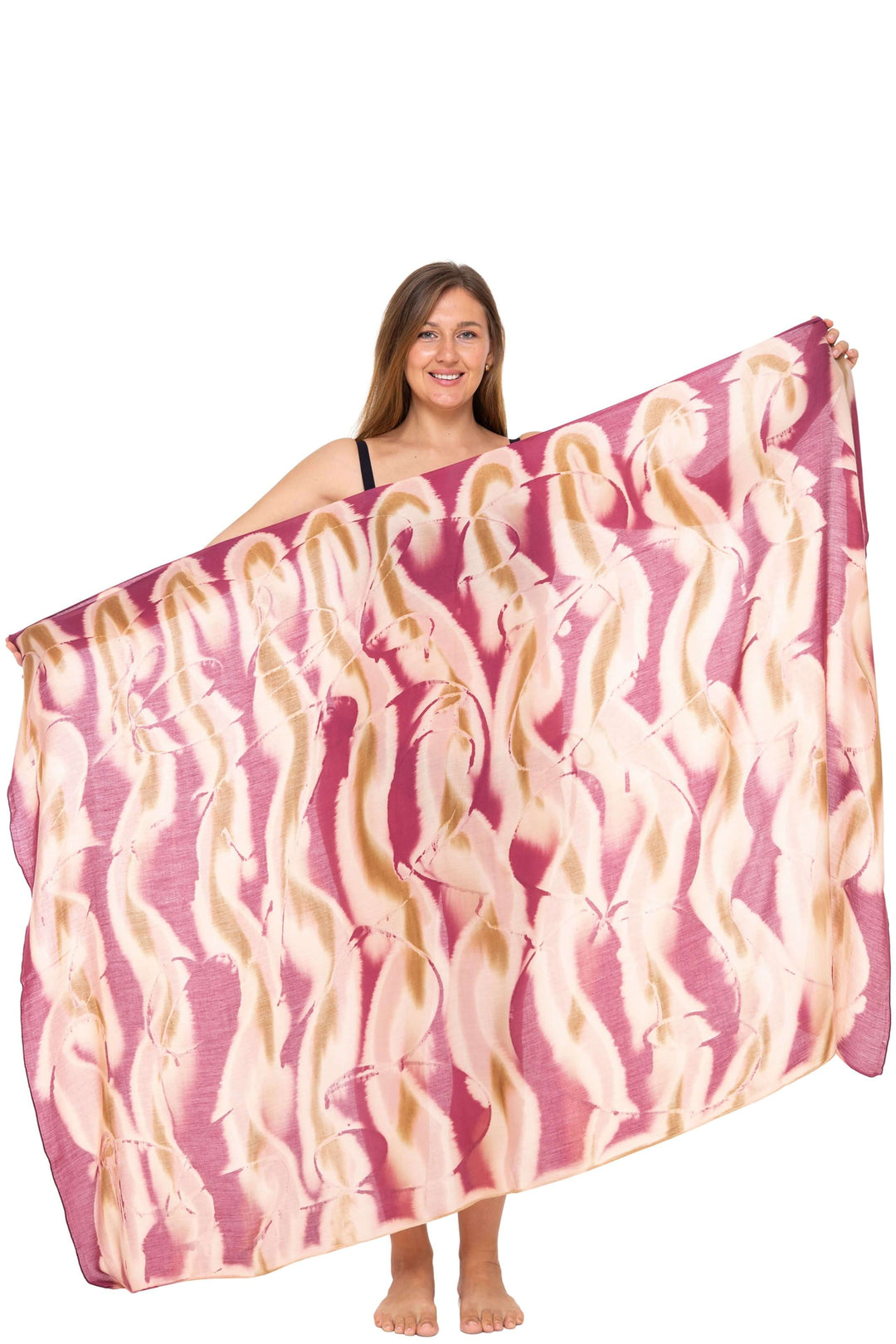 Woman wearing a black bikini and a burgundy  Tie-Dye Sarong Wrap Cover-Up for Women by SHU-SHI.  Lightweight rayon beach cover-up, perfect for vacations, poolside lounging, tropical beach getaways, cruises, and resort wear.