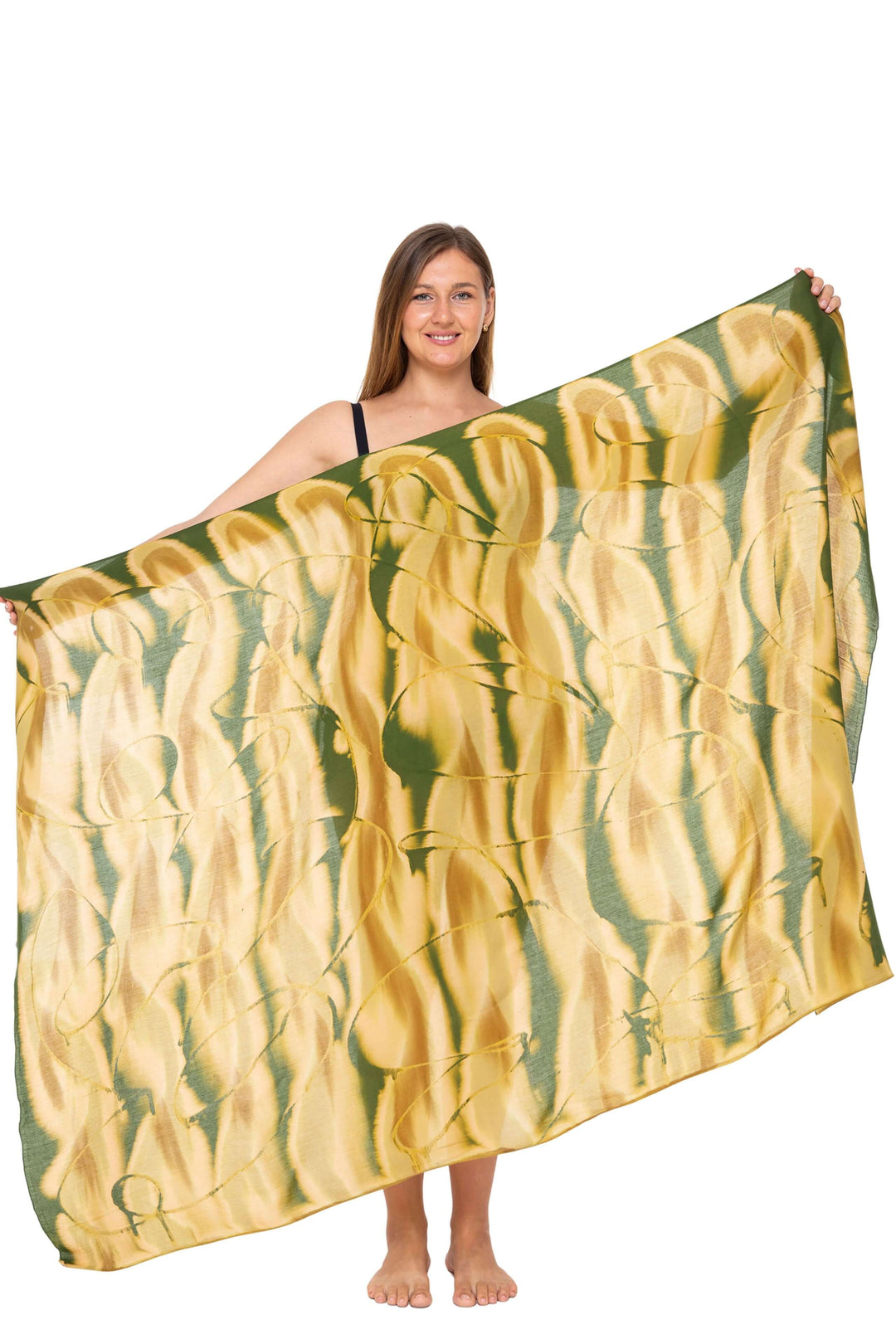 Woman wearing a black bikini and a Olive  Tie-Dye Sarong Wrap Cover-Up for Women by SHU-SHI. Lightweight rayon beach cover-up, perfect for vacations, poolside lounging, tropical beach getaways, cruises, and resort wear.