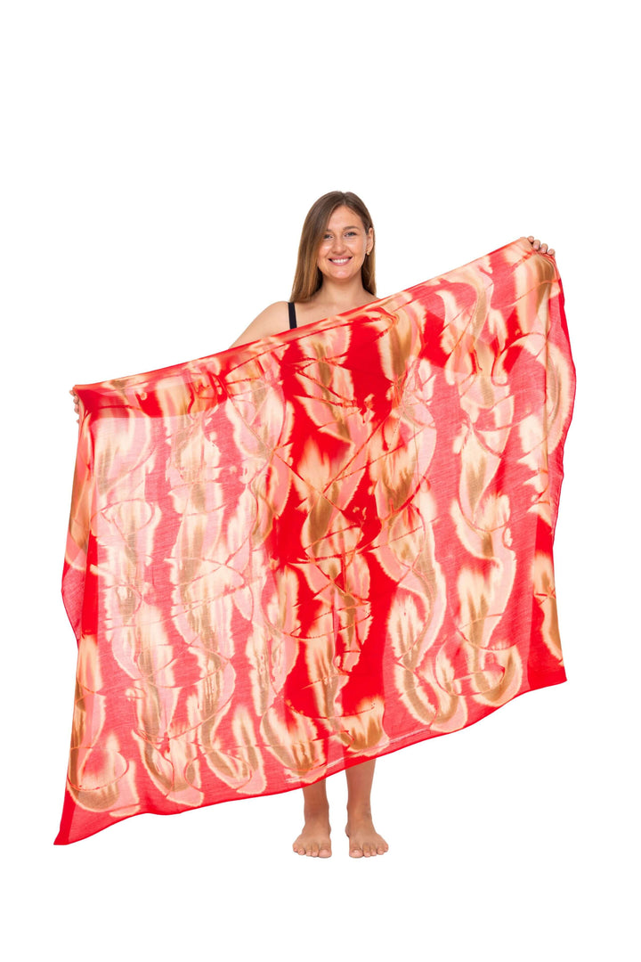 Woman wearing a black bikini and a Red  Tie-Dye Sarong Wrap Cover-Up for Women by SHU-SHI. Lightweight rayon beach cover-up, perfect for vacations, poolside lounging, tropical beach getaways, cruises, and resort wear.