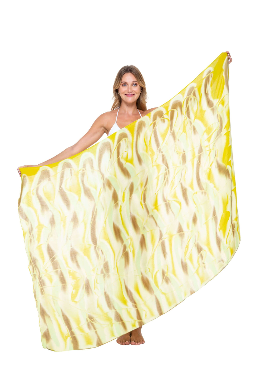 Woman wearing a black bikini and a yellow  Tie-Dye Sarong Wrap Cover-Up for Women by SHU-SHI.  Lightweight rayon beach cover-up, perfect for vacations, poolside lounging, tropical beach getaways, cruises, and resort wear.