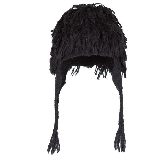 SHU-SHI black fringed kids earflap beanie hat with long braided ties displayed on white studio background.