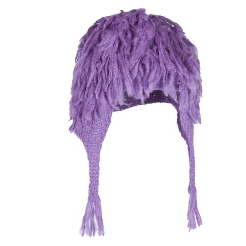 SHU-SHI purple fringed kids earflap beanie hat with textured knit construction and braided tie strings displayed on white background.