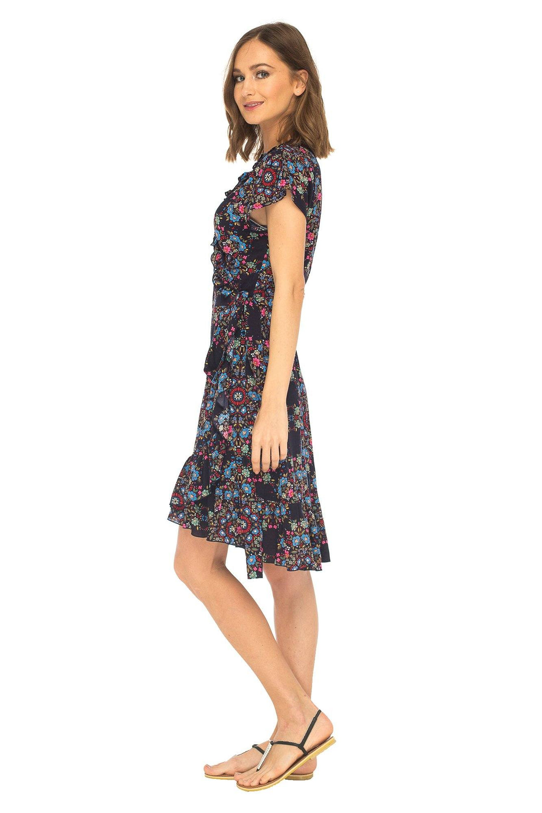 short summer wrap dress Licupiee Summer Casual Wrap Dress for Women Boho Floral Printed Ruffle Short Sleeve V-Neck Party Mini Dress