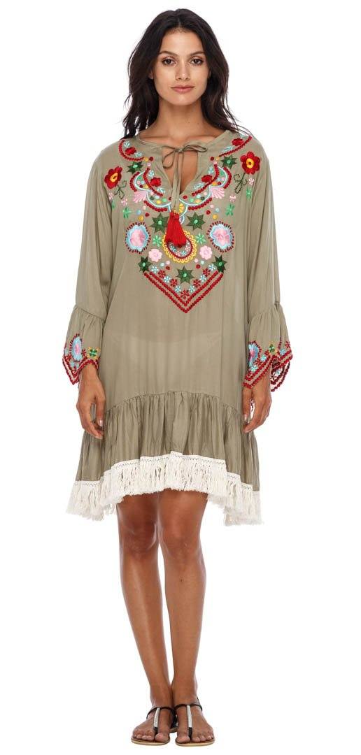 SHU - SHI Women's Bohemian Embroidered Tunic Dress - Bell Sleeve Swimsuit Cover - Up & Casual Short Shift Dress - Love ShuShi
