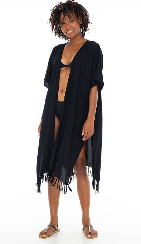 Short Solid Fringe Trim Open Front Kimono Cover-Up – Love ShuShi
