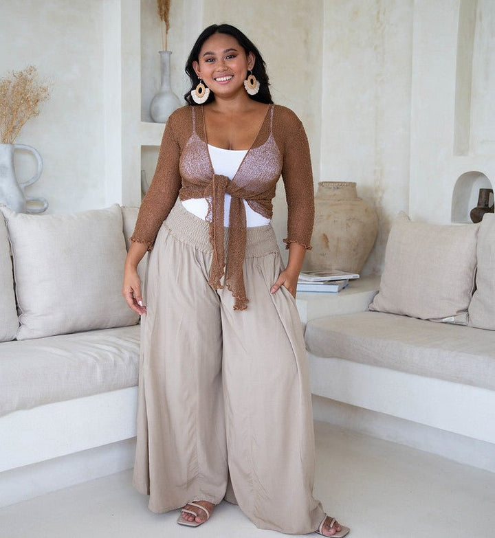 SHU-SHI Flowy Palazzo Pants for Women - Wide Leg, Elastic Waistband, Layered Style, Side Pockets - Love ShuShi