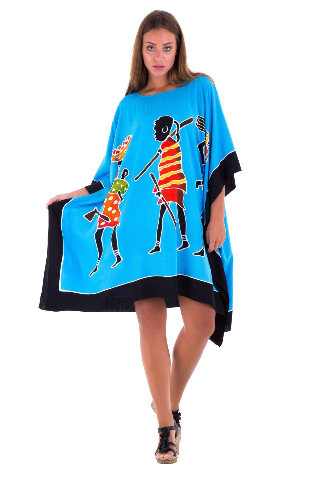 SHU-SHI Women's Short Kaftan Dress - Hand-Painted Tribal Poncho Tunic, Plus Size Swim Cover-Up SHU-SHI Women's Short Kaftan Dress - Hand-Painted Tribal Poncho Tunic, Plus Size Swim Cover-Up