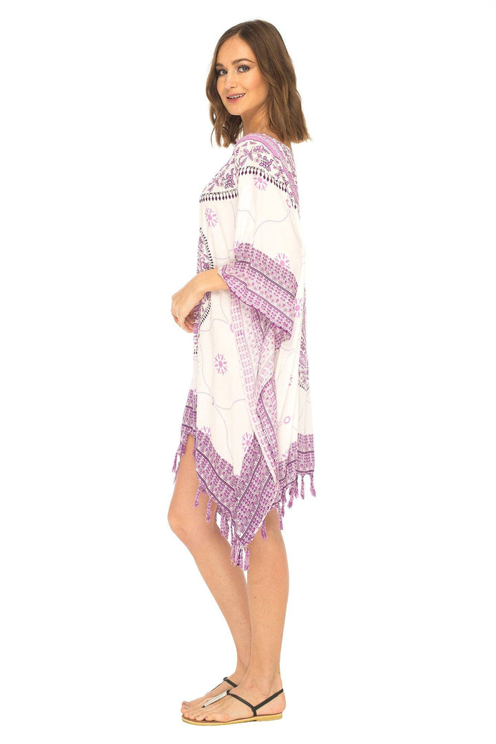 SHU - SHI Women's Short Poncho Beach Dress - Ethnic Mandala Cover - Up Kaftan with V - Neck and Sequins - Love ShuShi