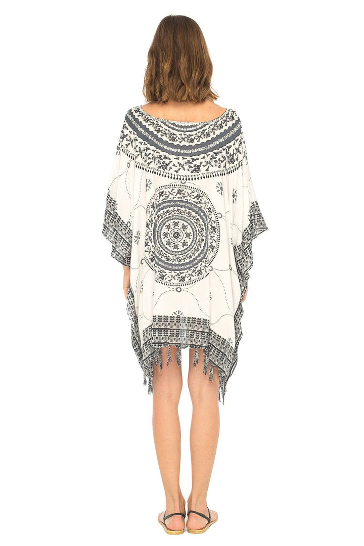 SHU - SHI Women's Short Poncho Beach Dress - Ethnic Mandala Cover - Up Kaftan with V - Neck and Sequins - Love ShuShi
