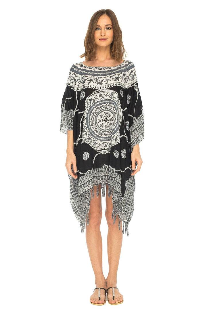 SHU - SHI Women's Short Poncho Beach Dress - Ethnic Mandala Cover - Up Kaftan with V - Neck and Sequins - Love ShuShi