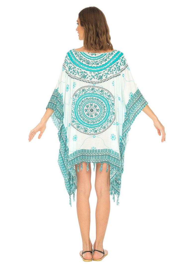 SHU - SHI Women's Short Poncho Beach Dress - Ethnic Mandala Cover - Up Kaftan with V - Neck and Sequins - Love ShuShi