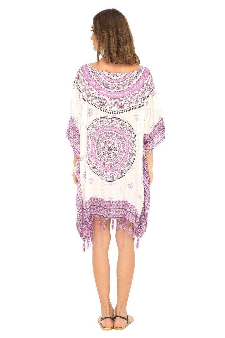 SHU - SHI Women's Short Poncho Beach Dress - Ethnic Mandala Cover - Up Kaftan with V - Neck and Sequins - Love ShuShi
