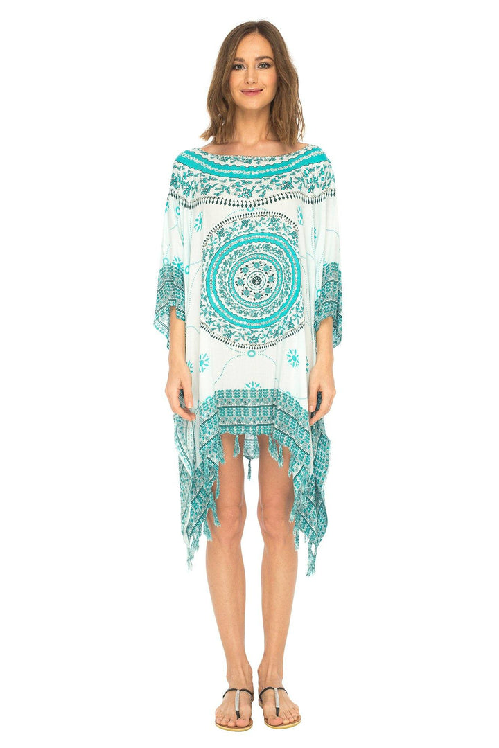 SHU - SHI Women's Short Poncho Beach Dress - Ethnic Mandala Cover - Up Kaftan with V - Neck and Sequins - Love ShuShi
