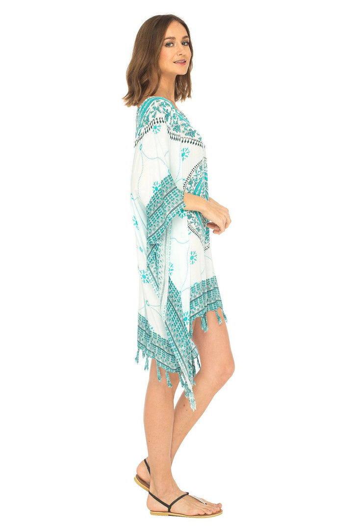 SHU - SHI Women's Short Poncho Beach Dress - Ethnic Mandala Cover - Up Kaftan with V - Neck and Sequins - Love ShuShi