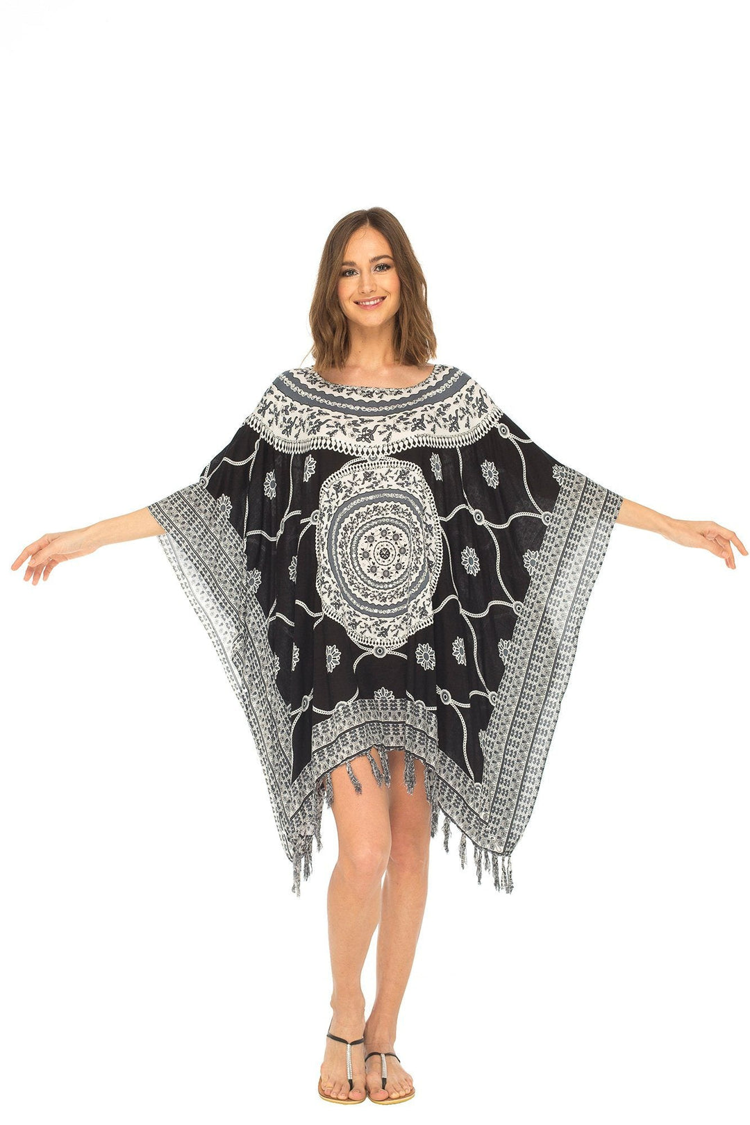 SHU - SHI Women's Short Poncho Beach Dress - Ethnic Mandala Cover - Up Kaftan with V - Neck and Sequins - Love ShuShi