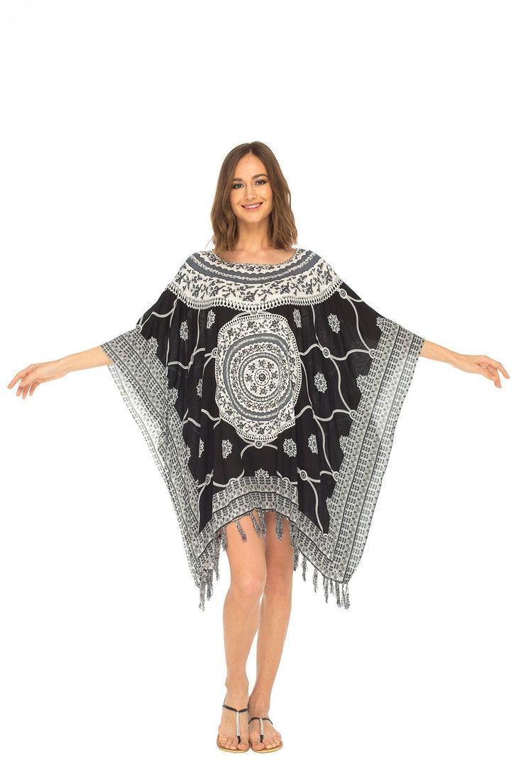 SHU - SHI Women's Short Poncho Beach Dress - Ethnic Mandala Cover - Up Kaftan with V - Neck and Sequins - Love ShuShi