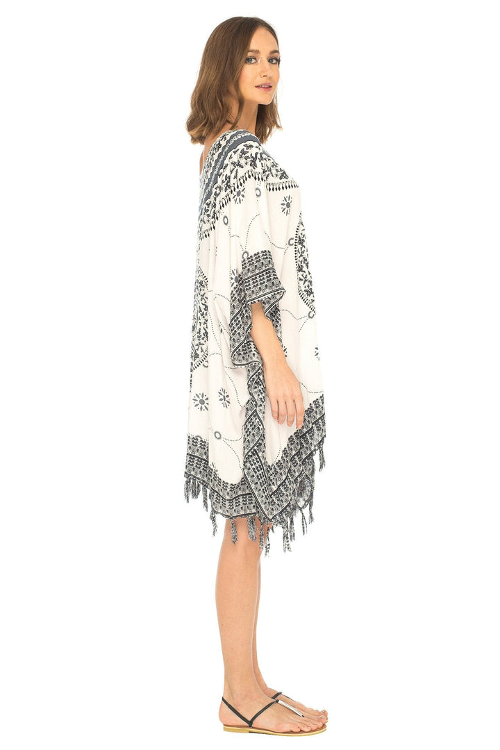 SHU - SHI Women's Short Poncho Beach Dress - Ethnic Mandala Cover - Up Kaftan with V - Neck and Sequins - Love ShuShi