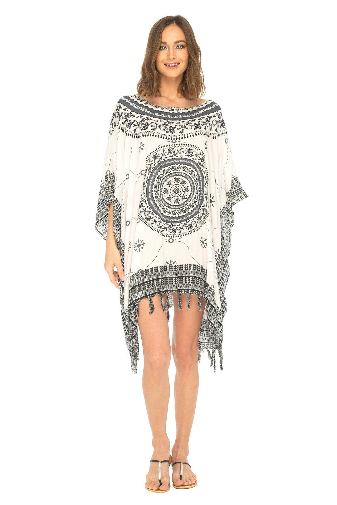 SHU - SHI Women's Short Poncho Beach Dress - Ethnic Mandala Cover - Up Kaftan with V - Neck and Sequins - Love ShuShi