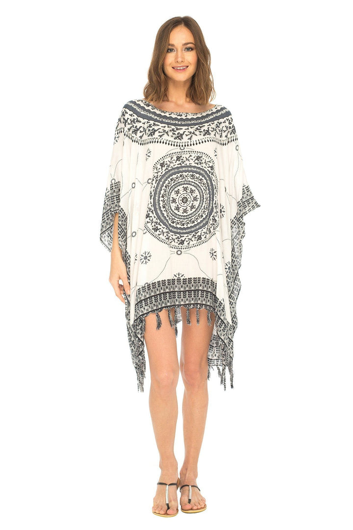 SHU - SHI Women's Short Poncho Beach Dress - Ethnic Mandala Cover - Up Kaftan with V - Neck and Sequins - Love ShuShi