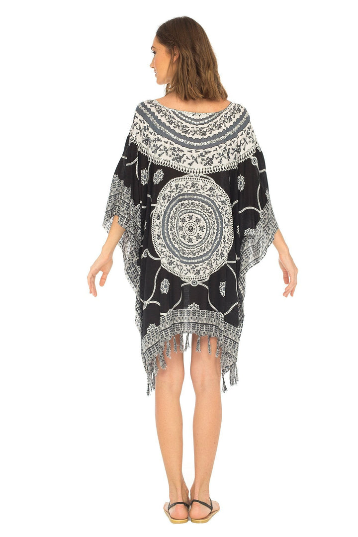 SHU - SHI Women's Short Poncho Beach Dress - Ethnic Mandala Cover - Up Kaftan with V - Neck and Sequins - Love ShuShi