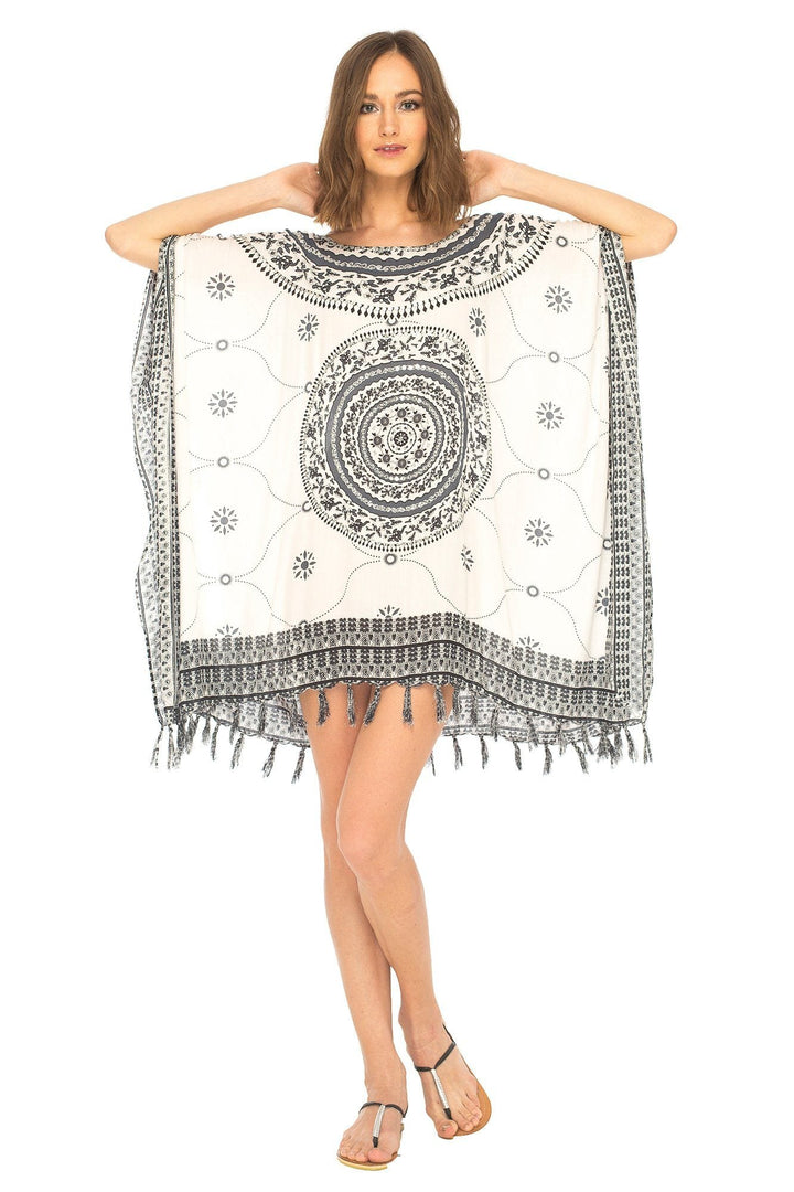 SHU - SHI Women's Short Poncho Beach Dress - Ethnic Mandala Cover - Up Kaftan with V - Neck and Sequins - Love ShuShi
