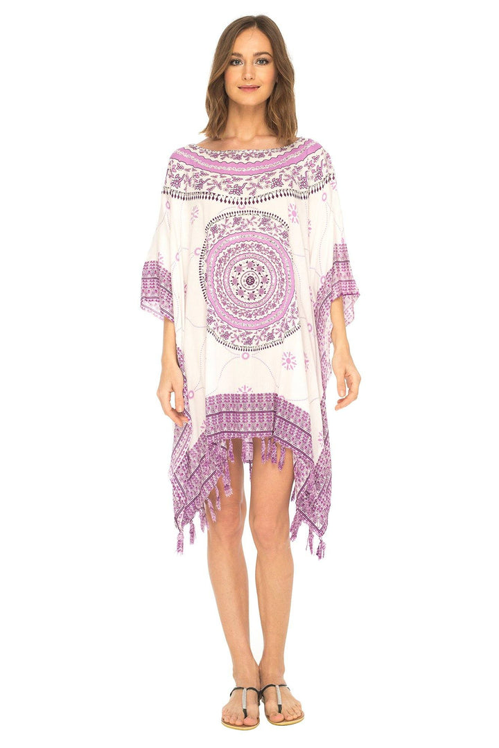 SHU - SHI Women's Short Poncho Beach Dress - Ethnic Mandala Cover - Up Kaftan with V - Neck and Sequins - Love ShuShi