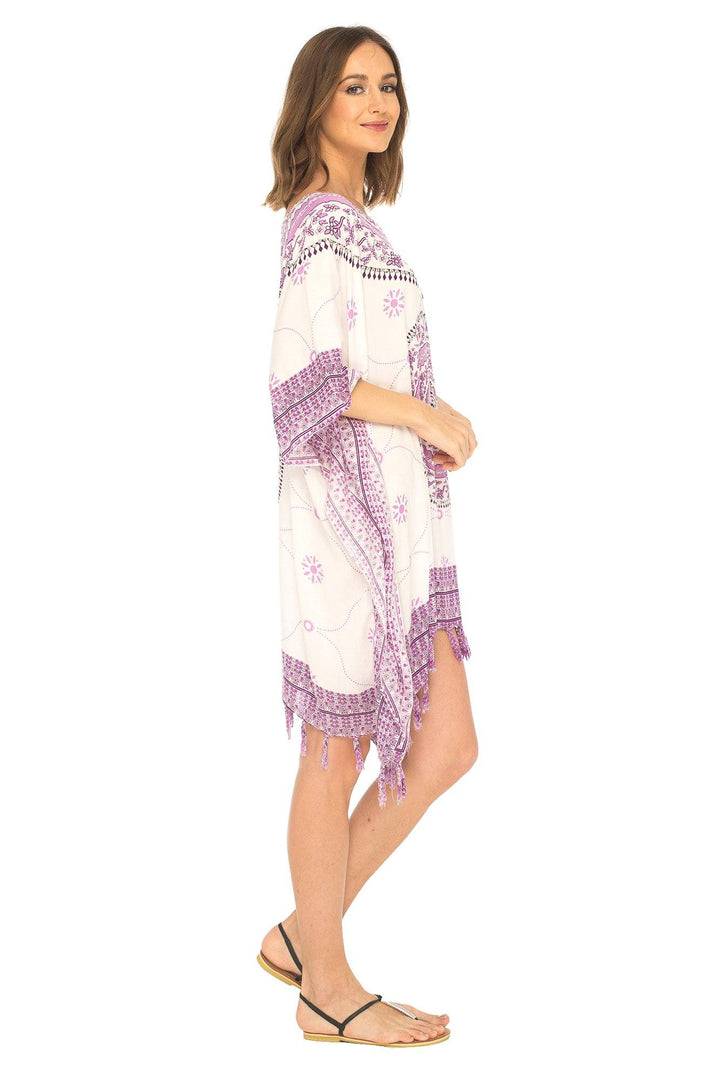 SHU - SHI Women's Short Poncho Beach Dress - Ethnic Mandala Cover - Up Kaftan with V - Neck and Sequins - Love ShuShi