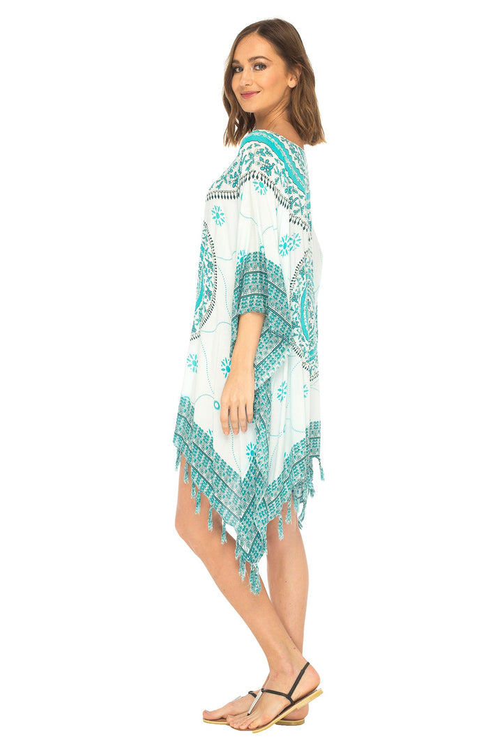SHU - SHI Women's Short Poncho Beach Dress - Ethnic Mandala Cover - Up Kaftan with V - Neck and Sequins - Love ShuShi